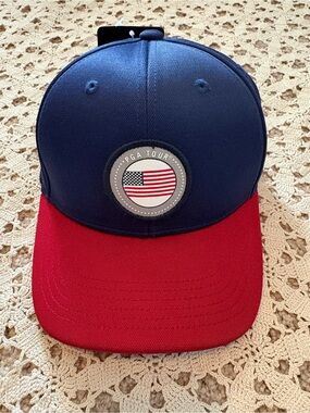 PGA Tour Pro Series Adjustable Golf Hat Peacoat Blue & Red American Flag Logo